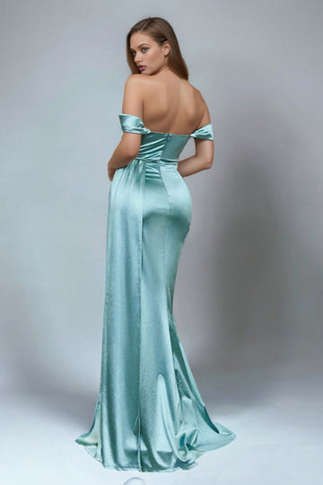Green Mermaid Off The Shoulder Satin Long Formal Dress with Slit